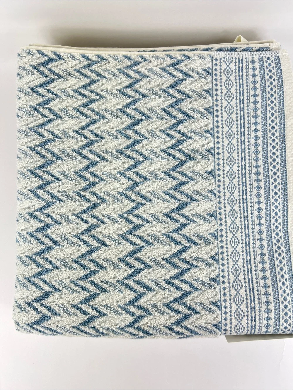 Rachel Zoe Bath Towels Blue Cream Chevron Design Soft 100% Cotton 2 Pc NEW